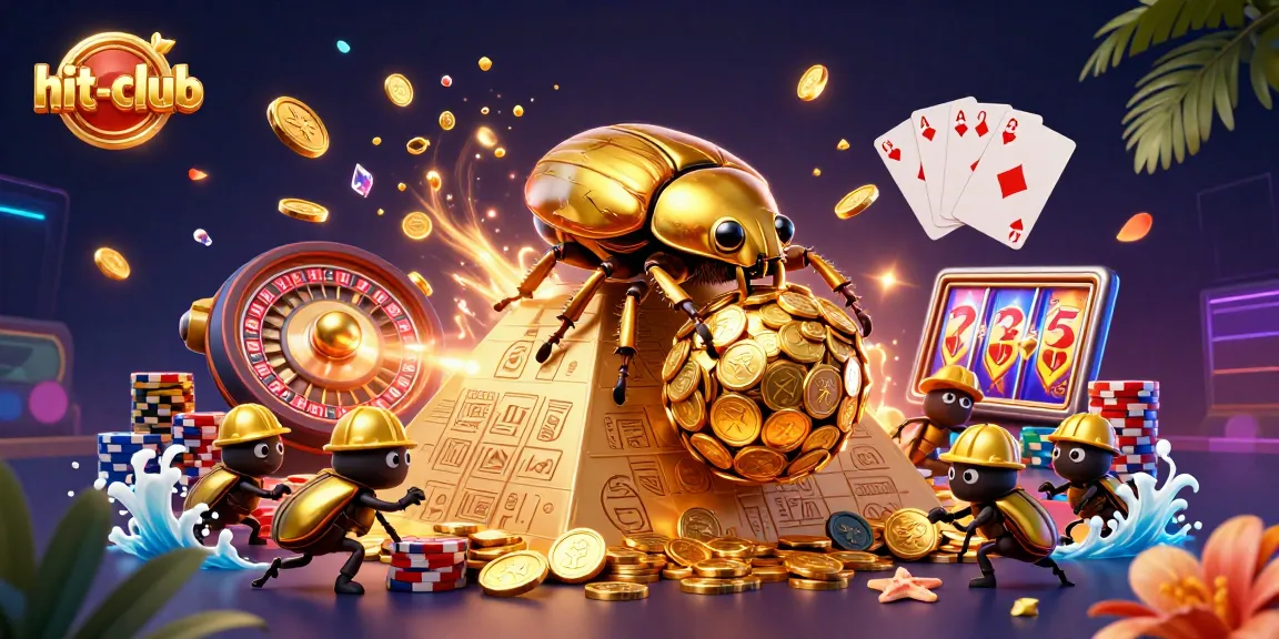Hit-club showcases a team of cartoon beetles rolling coins in a vibrant casino scene, radiating luck.