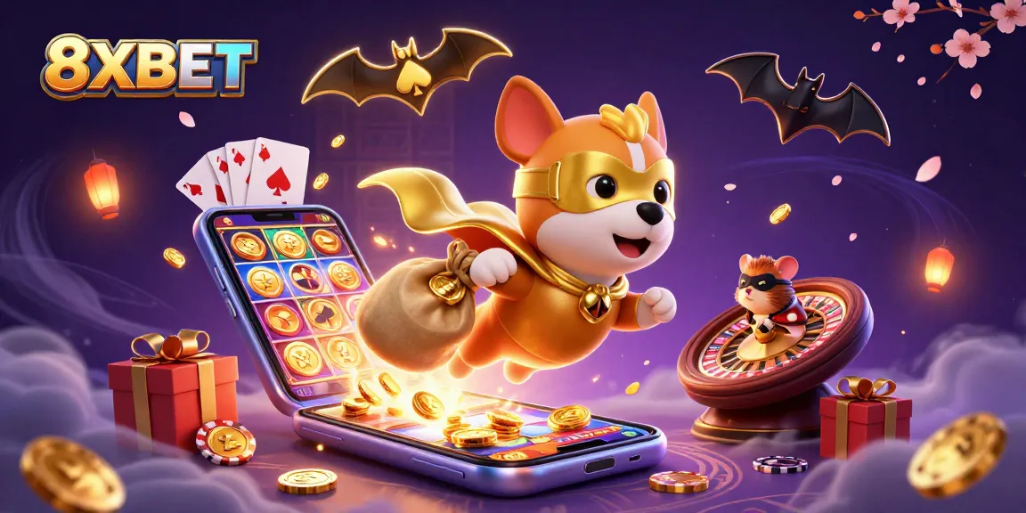 Experience the excitement of 8XBET with a superhero dog and hamster amid thrilling gaming elements.