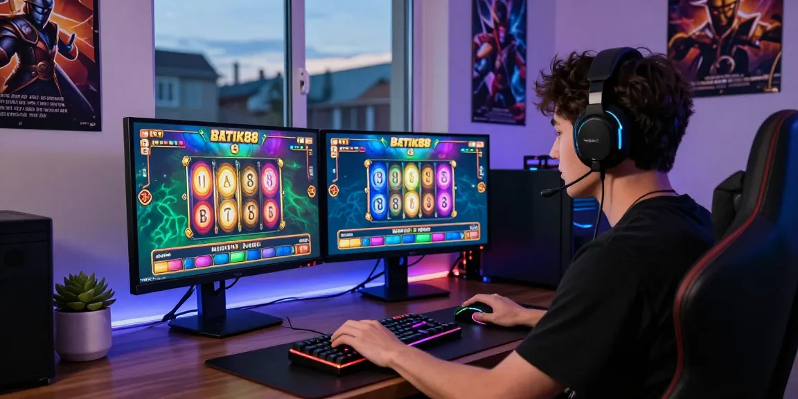 Seorang gamer terfokus bermain BATIK88 slot di ruang gaming modern yang cerah.