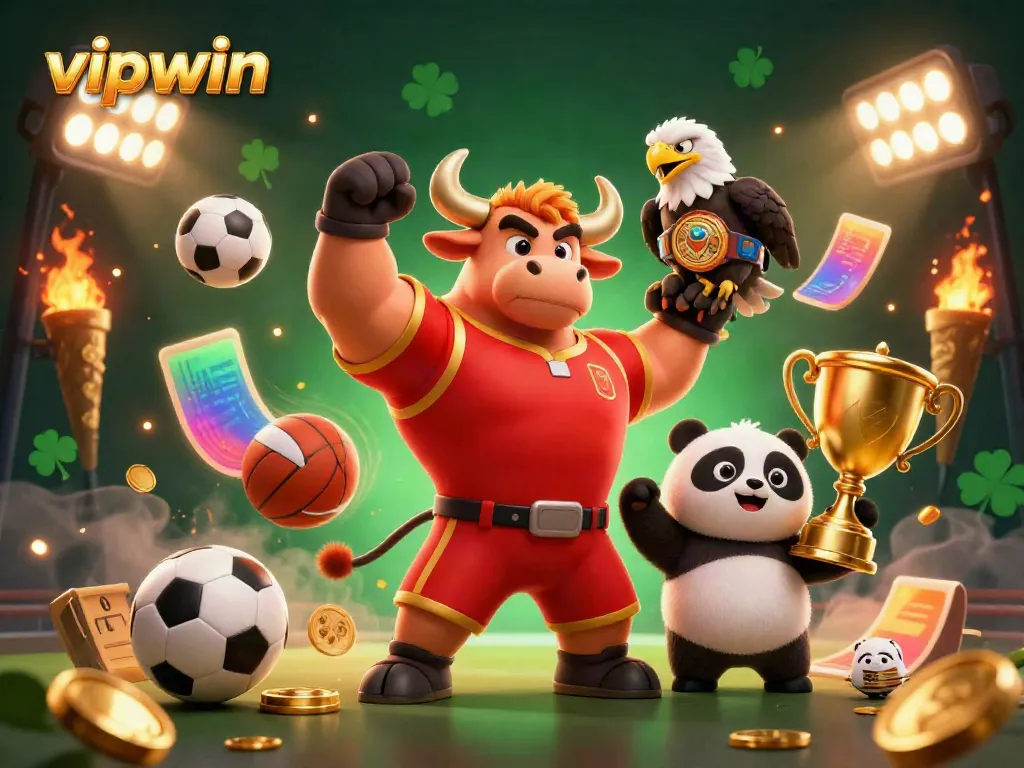Engage with the exciting world of gambling at vipwin with a vibrant illustration of mascots and sports elements.