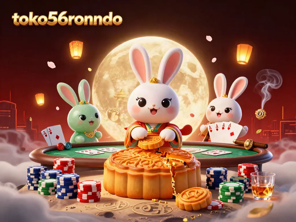 Gambarlah toko56ronaldo yang menampilkan kelinci bulan yang memukul kue bulan dengan banyak chip poker di sekitar.