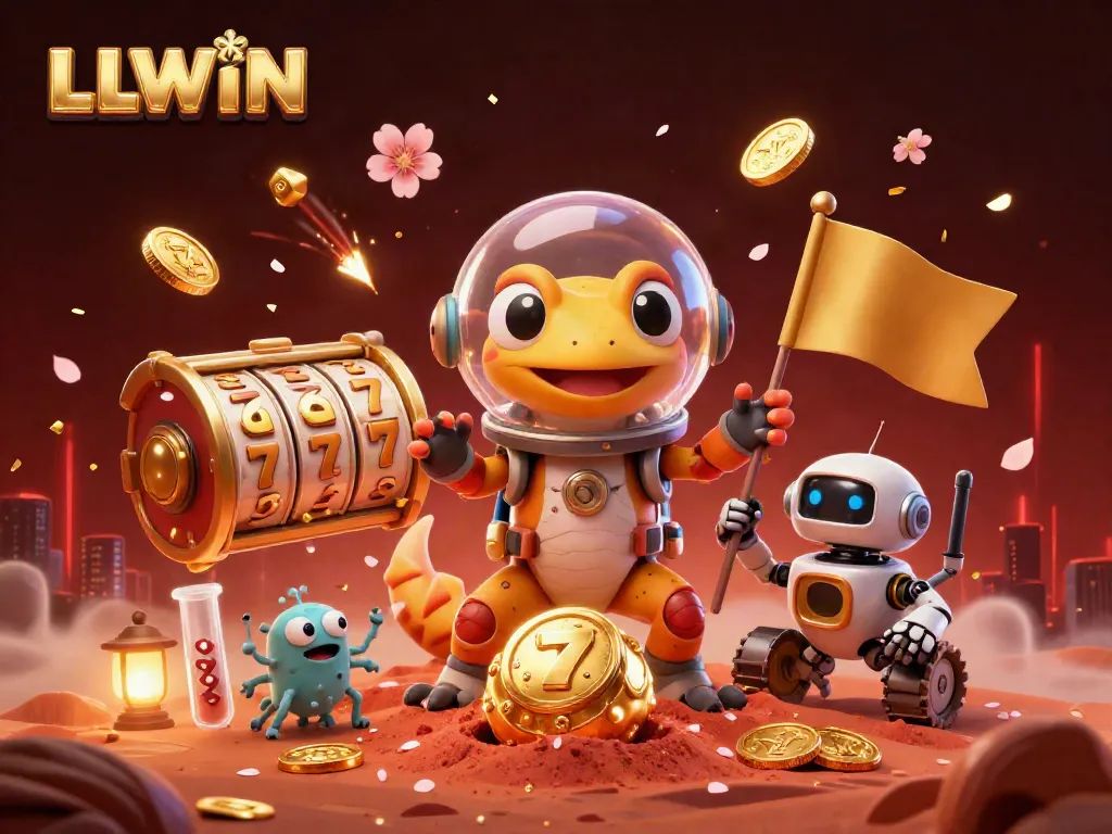 LLWIN Martian gecko explores a golden casino with vibrant celebrations of reels and confetti.