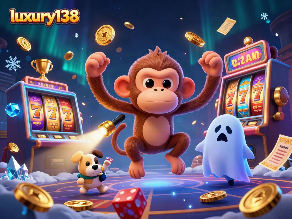 Ilustrasi casino mewah luxury138 dengan hantu dan monyet poltergeist, mengungkap keseruan taruhan.