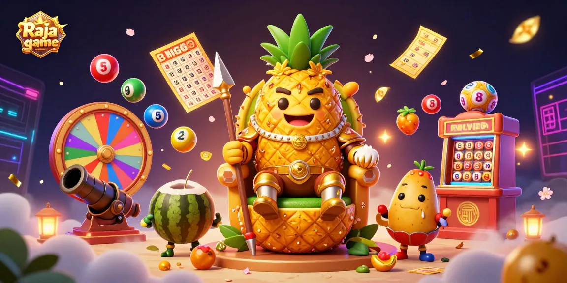 Raja game showcases a vibrant beach casino with a golden pineapple king, dynamic lottery balls, and rich animated elements.