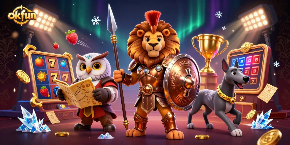 Join the excitement of okfun casino with a dynamic scene featuring vibrant slot games and playful characters.