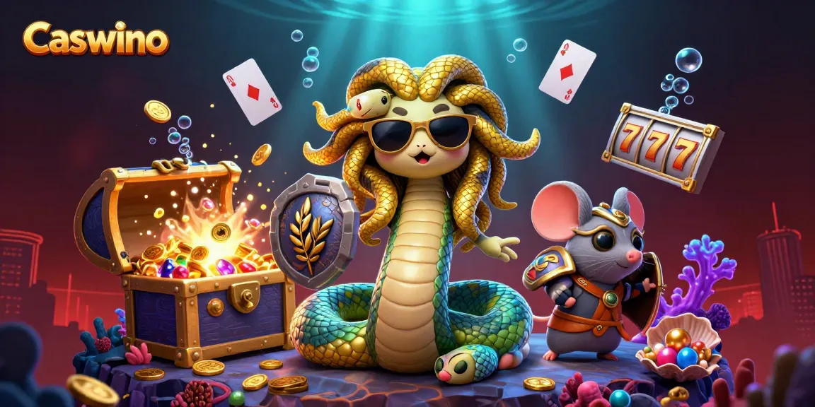 Experience Caswino's vibrant casino scene featuring lively characters, gold coins, and slot reels.