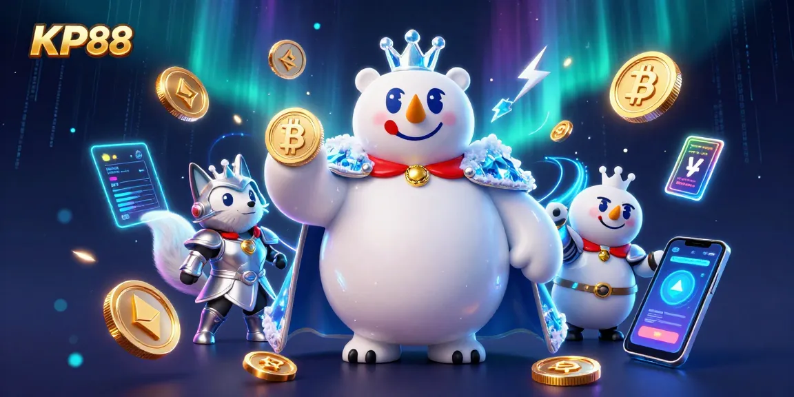 Experience thrilling gaming at KP88 with cartoon characters amidst vibrant crypto elements.