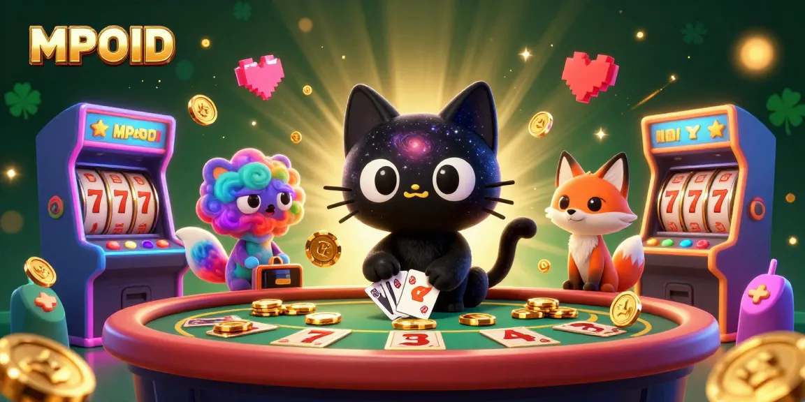 MPOID casino scene featuring a cartoon black hole cat and a colorful gas fox engaging players with vibrant slot symbols.