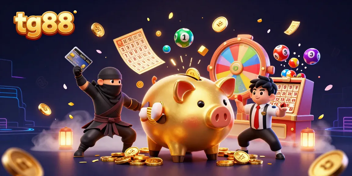 Engage with tg88 at the dynamic casino scene featuring a gold piggy bank wrestler, colorful lottery balls, and a ninja.