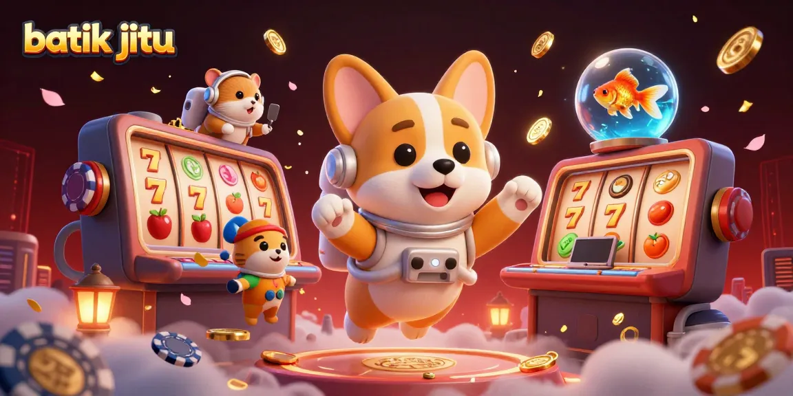 Permainan batik jitu dengan slot jackpot dan karakter mengapung dalam suasana kasino.