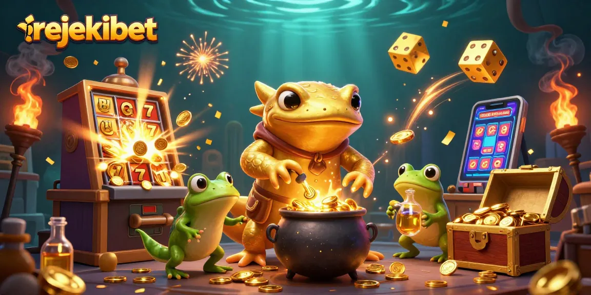 Win big with rejekibet, featuring a vibrant scene with a golden salamander and dynamic casino elements.