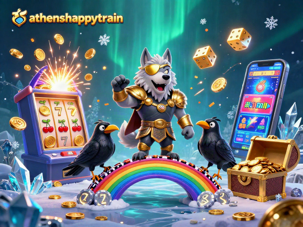 Engage with athenshappytrain in a captivating casino-themed 3D scene featuring a Norse-inspired wolf.