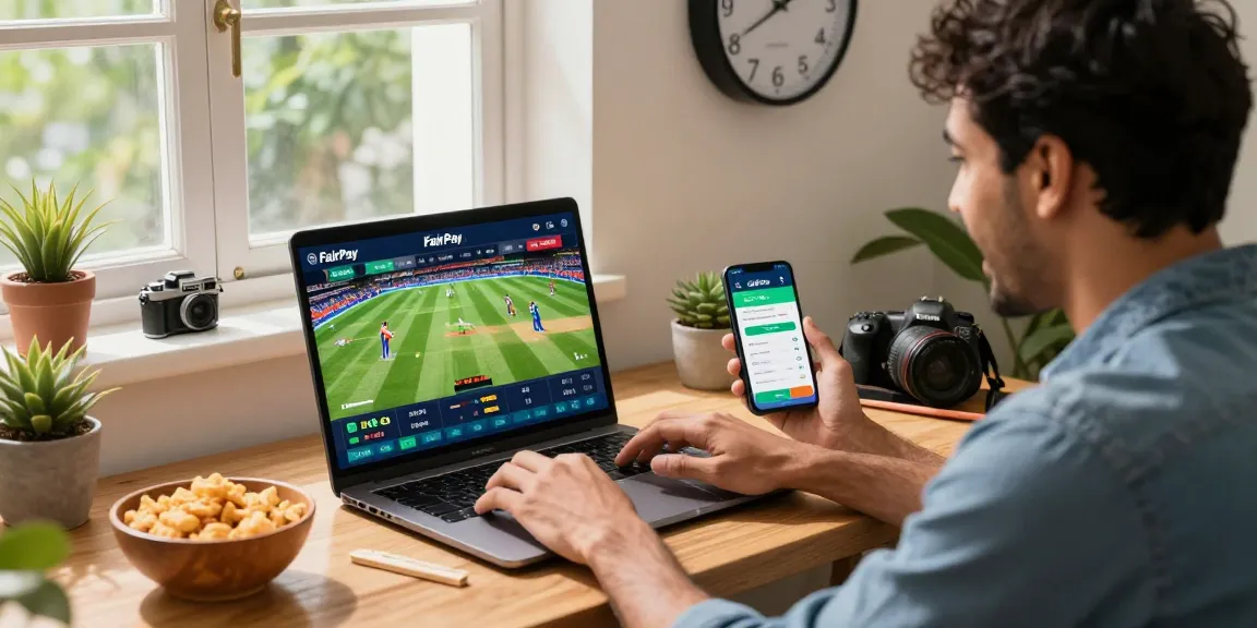 Engaging atmosphere of a bettor using FairPlay id on a laptop, surrounded by cricket memorabilia.