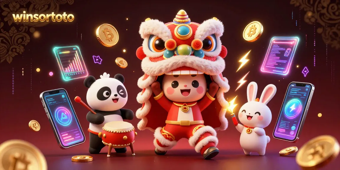 Experience winsortoto with this dynamic scene showcasing a festive casino atmosphere filled with crypto elements and engaging characters.