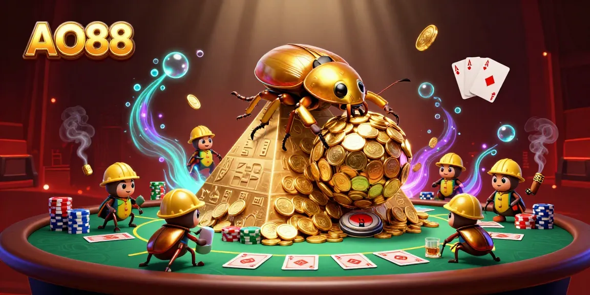 Engage with AO88 as the golden dung beetles celebrate epic wins in a dynamic casino scene.