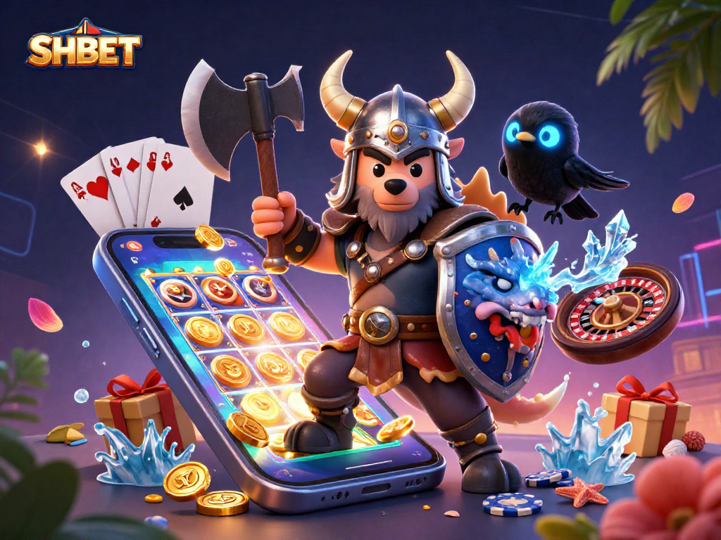 Experience thrilling gameplay at SHBET with a Viking warrior and dragon in a vibrant casino scene.