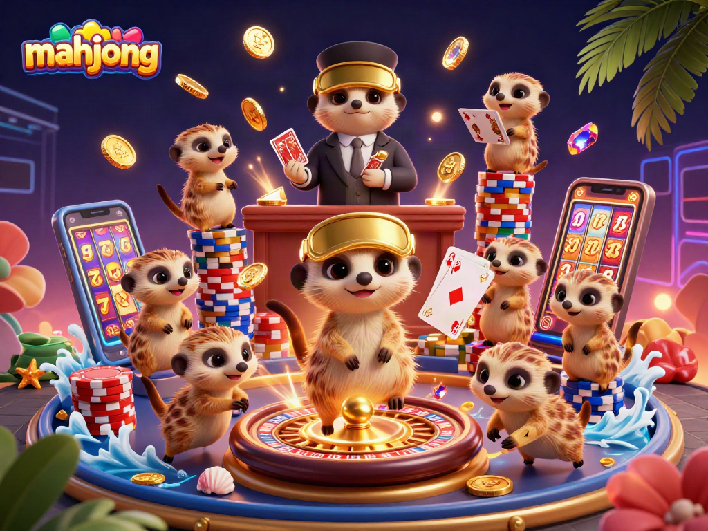 Engage in mahjong fun as playful meerkats operate a vibrant casino scene filled with treasures.