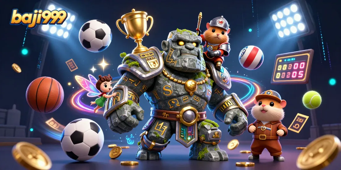 Baji999 unleashes magic with a golem guardian, fairy companion, and hamster knight amid dynamic casino elements.
