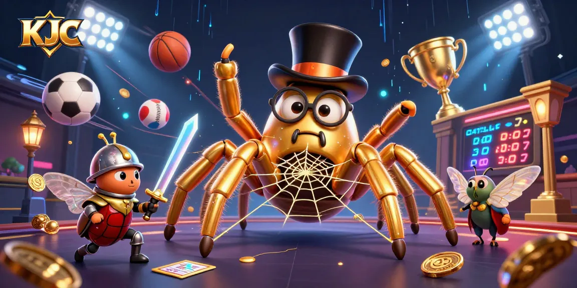 KJC offers an engaging experience with a golden tarantula and beetle knight surrounded by vibrant sports betting elements.