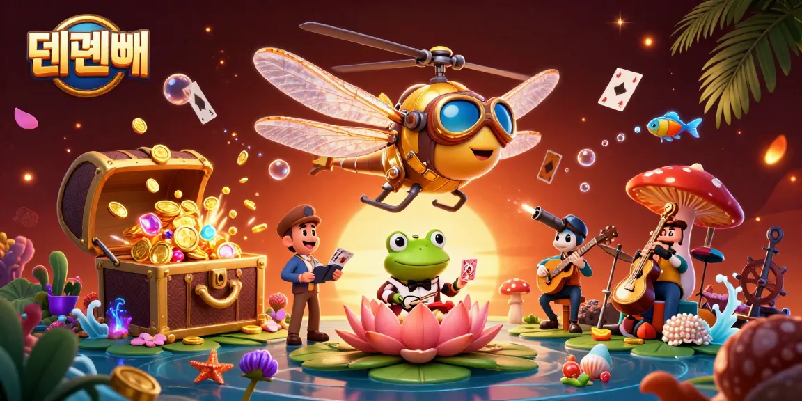 Experience the excitement of 텐텐벳 with a vibrant casino scene featuring a charming dragonfly pilot and frog croupier.