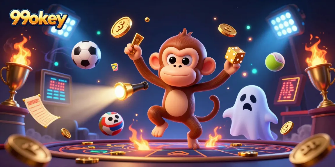 Engage in thrilling games at 99okey with a playful poltergeist monkey and ghost-hunter puppy in an exciting casino.