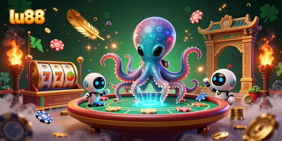 lu88 showcases a vibrant 3D alien octopus dealing poker with exciting game elements in a cosmic casino.