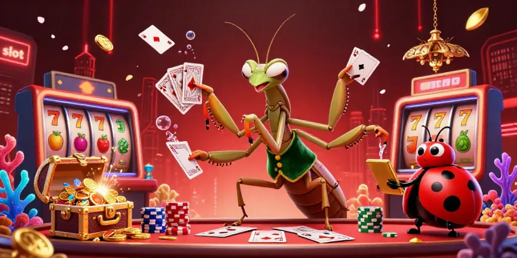 Engaging casino scene with slot action featuring a praying mantis dealer and colorful gameplay elements.