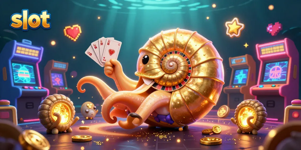 Spin the slot reels with the glowing ancient nautilus and vibrant arcade elements.