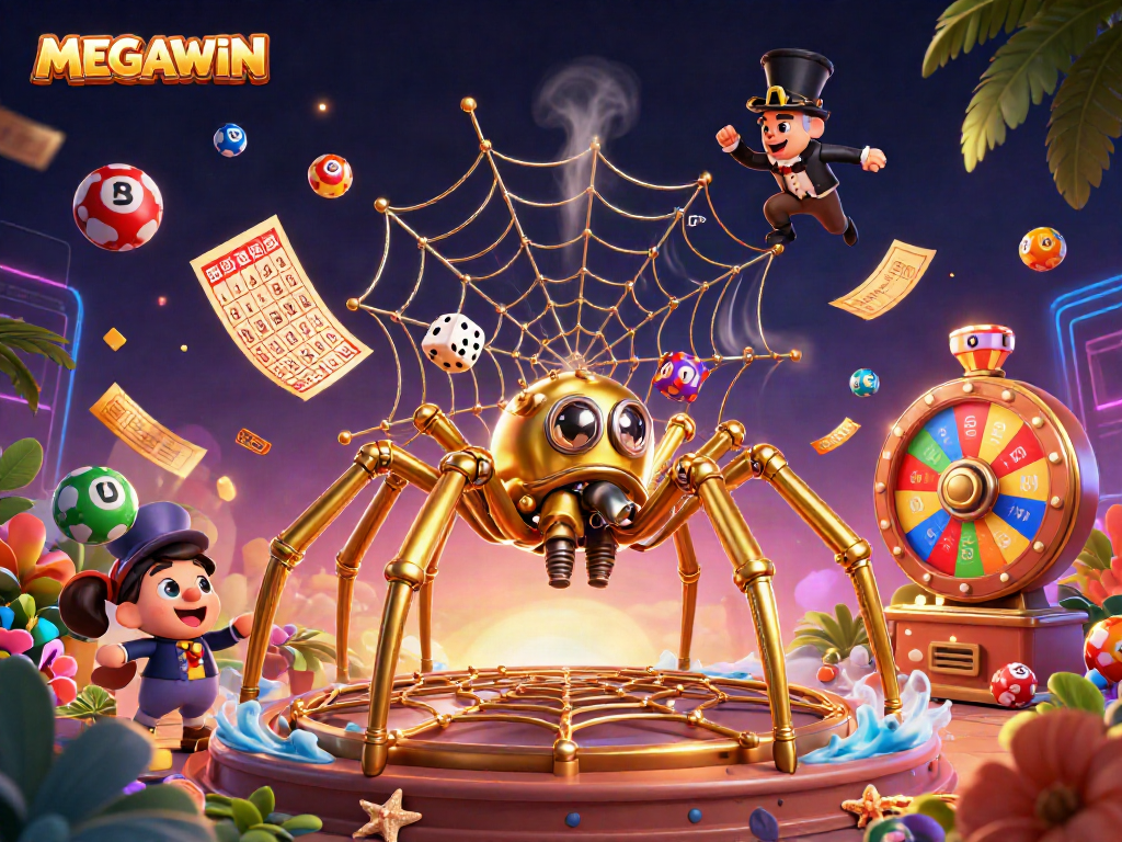 Experience MEGAWIN with golden spider, captivating a tangled web of luck and lottery excitement
