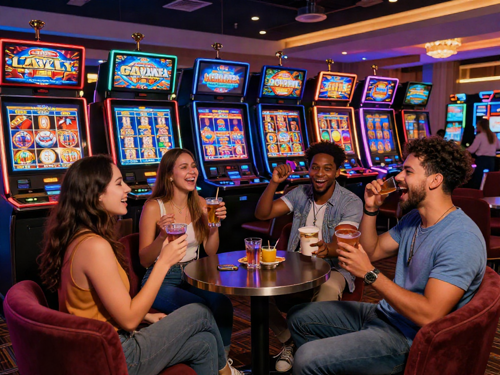 Exciting slot gacor 4d gaming scene in a modern casino with friends celebrating wins.
