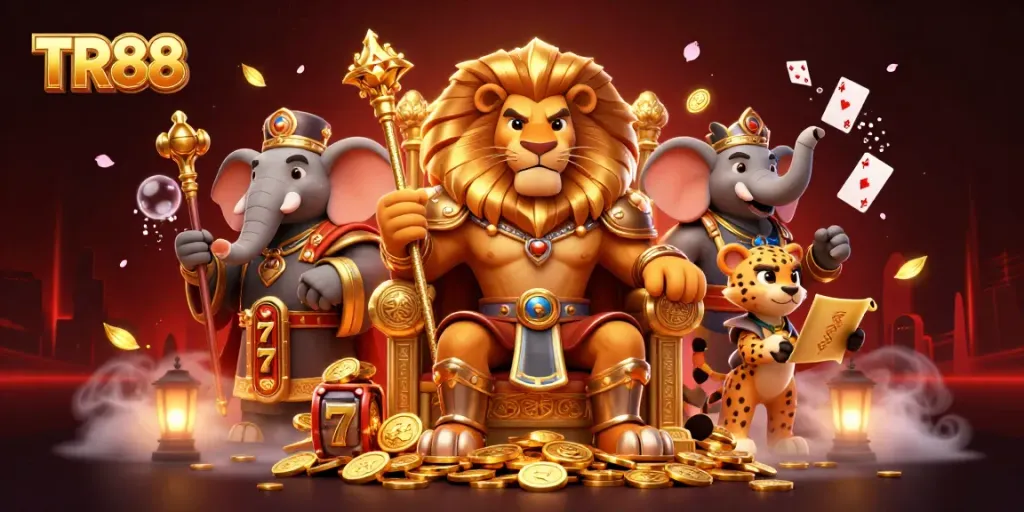 Experience thrilling gameplay action with TR88 at a vibrant casino featuring a lion king and flying slot elements.