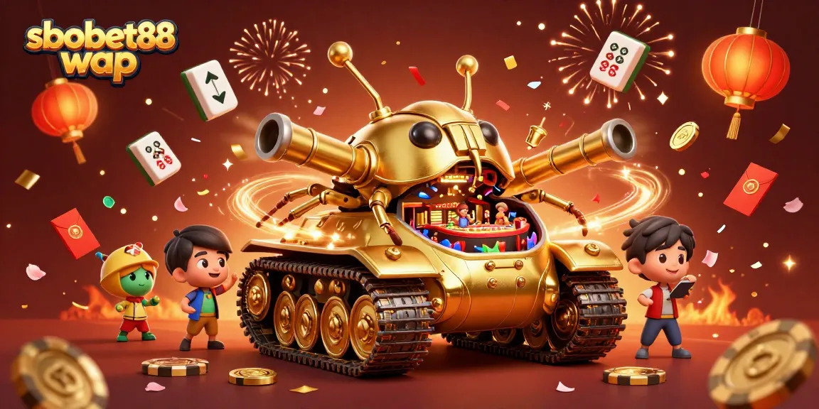 Experience sbobet88 wap with a dynamic scene featuring a golden tank casino and festive elements.