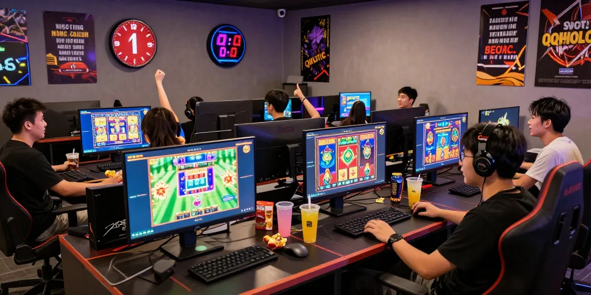 Players enjoying SlotQQ QQHOLIC online gaming experience with vibrant screens and snacks.