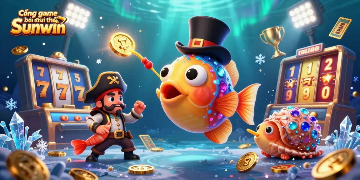 Cổng game bài đổi thưởng Sunwin showcases a vibrant underwater casino scene with engaging characters and gameplay elements.