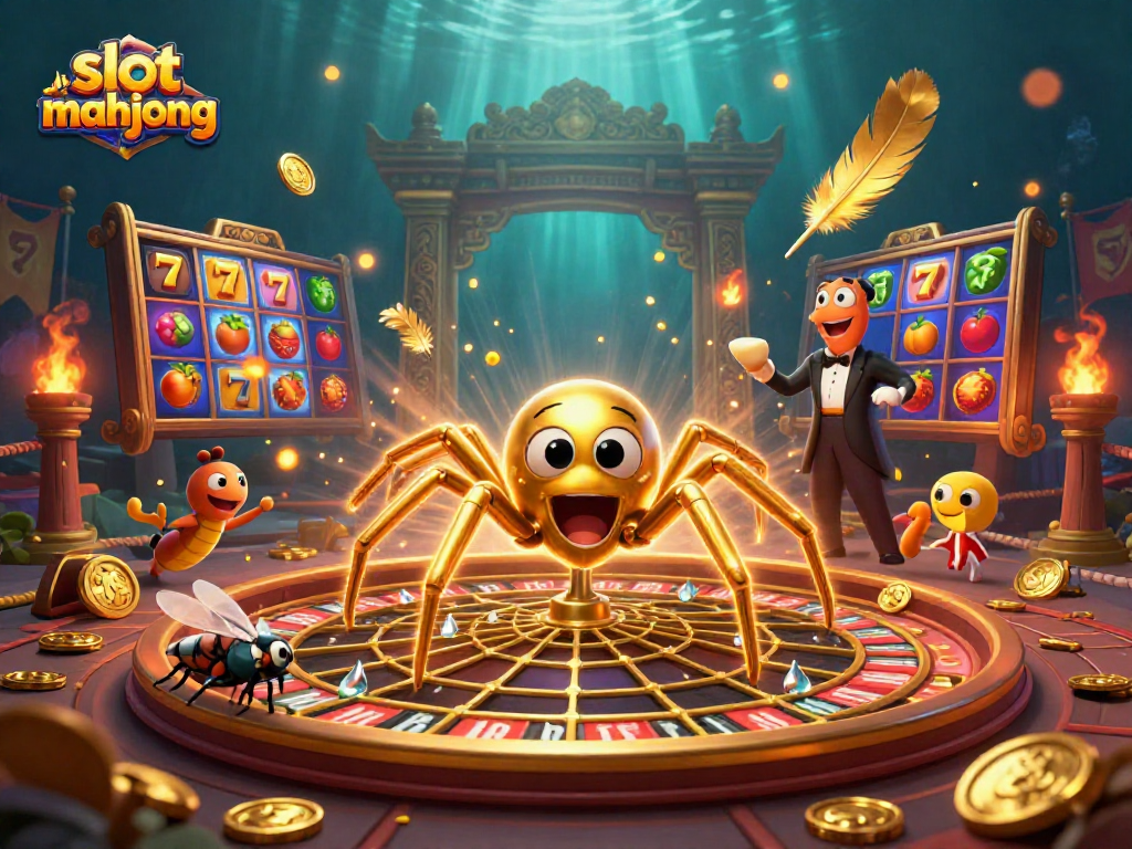 Join the exciting action of slot mahjong with a vibrant scene of a spider croupier and animated game elements.