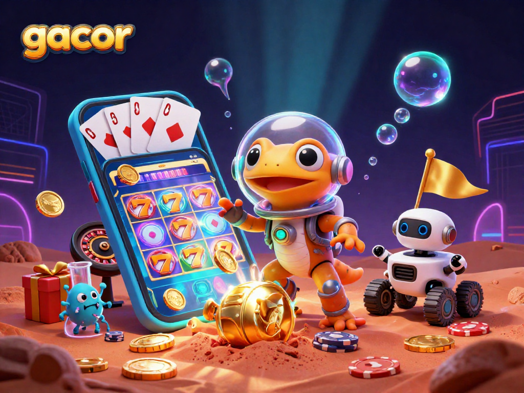 Menggali kasino emas bernama gacor di Mars dengan gecko alien dan robot, menghadirkan kegembiraan judi intergalaksi.