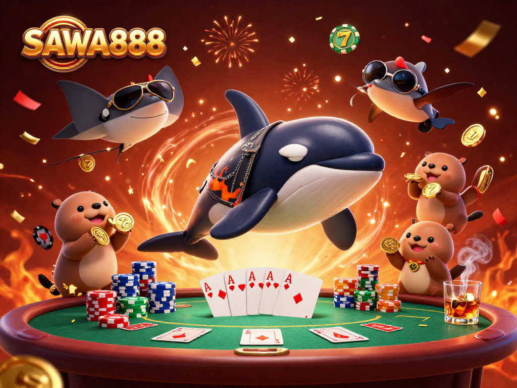 Experience thrilling slots at SAWA888 with a dynamic scene of animated casino characters celebrating wins.