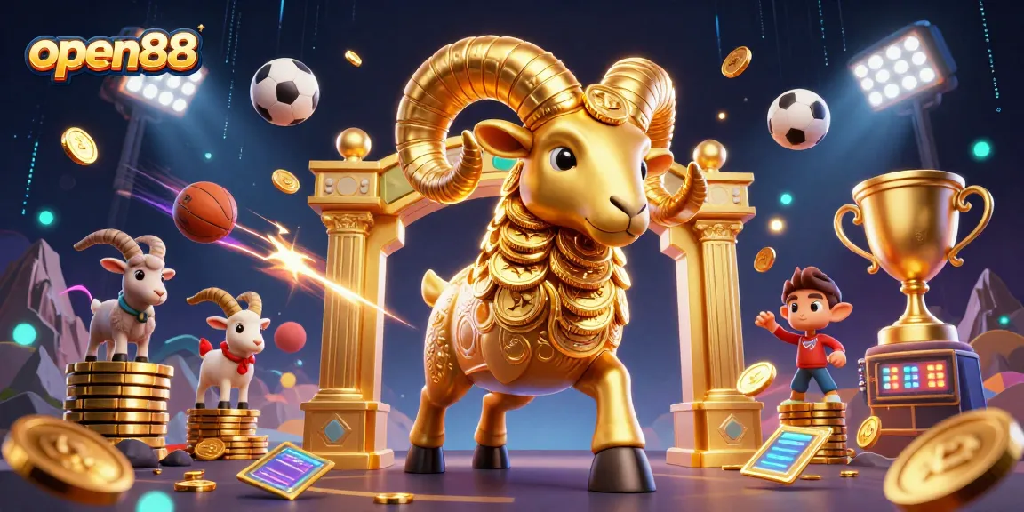 Experience thrilling action at open88 with a dynamic scene of a massive golden ram charging, celebrating sports betting excitement.