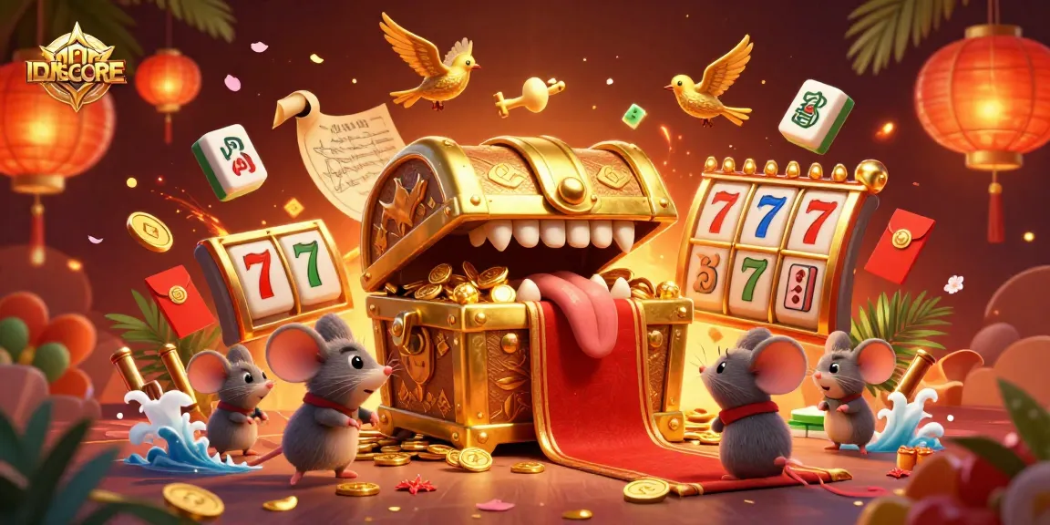 IDNSCORE showcases a vibrant animated treasure chest scene with exciting gaming elements for online betting.
