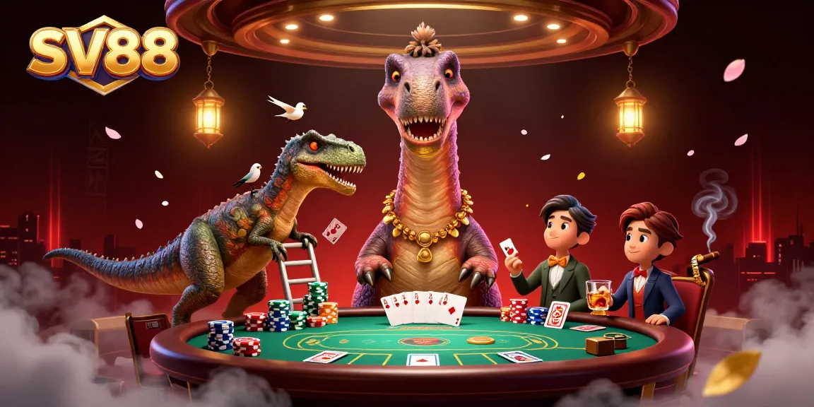 Engaging SV88 illustration showcasing a lively casino scene with a dinosaur dealer and colorful poker elements.