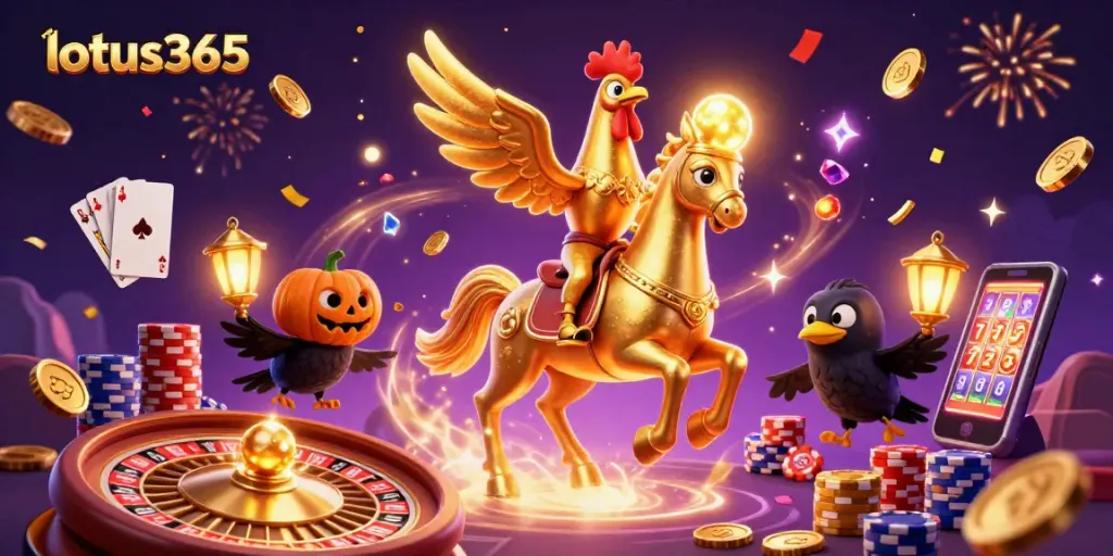 Experience the excitement of lotus365 with a dazzling casino scene featuring the golden rooster.