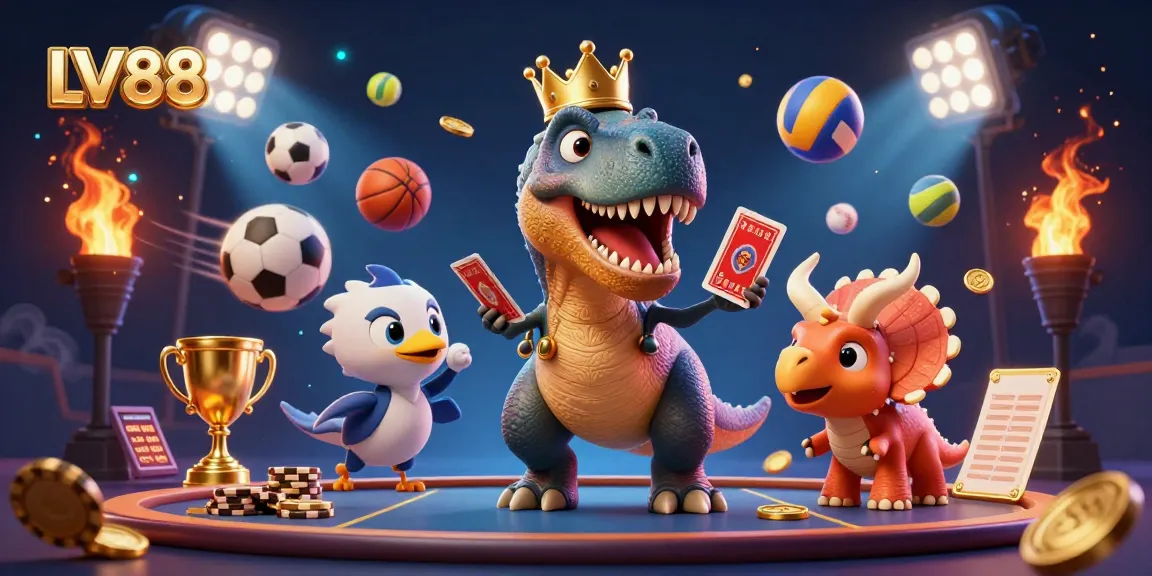 LV88 features a T-Rex shuffling cards with sports balls, creating a dynamic gaming atmosphere.