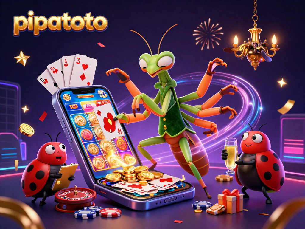 Experience the dynamic world of pipatoto with a 3D cartoon scene of gambling excitement featuring card games, slots, and celebration.