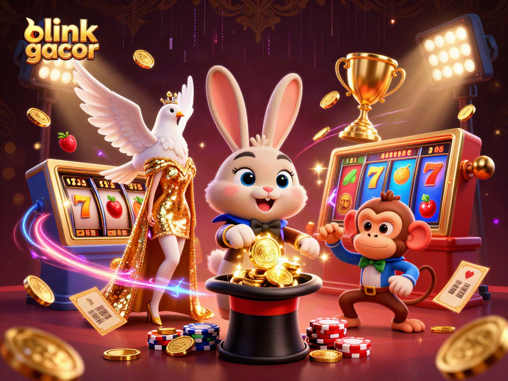Win big at link gacor with a magical casino scene showcasing a rabbit, dove, and monkey.