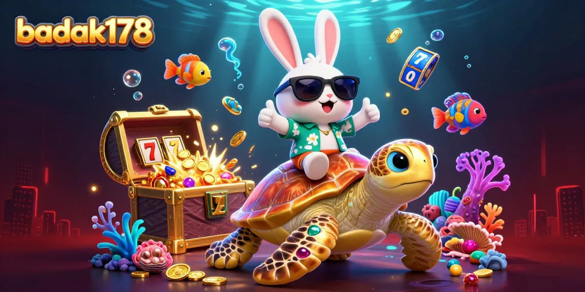 Experience winning at badak178 with a lucky rabbit and golden sea turtle in this vibrant casino scene.