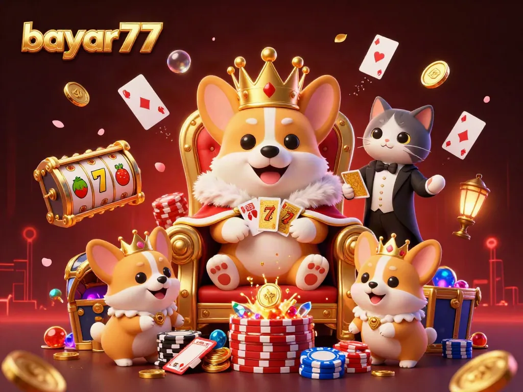 Experience exhilarating gameplay at bayar77 with a vibrant 3D casino illustration featuring royal corgi characters and slot machines.