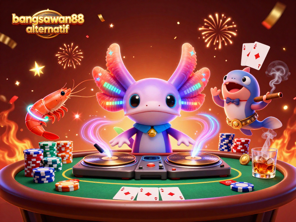bangsawan88 alternatif showcases an underwater casino scene with vibrant DJ axolotl