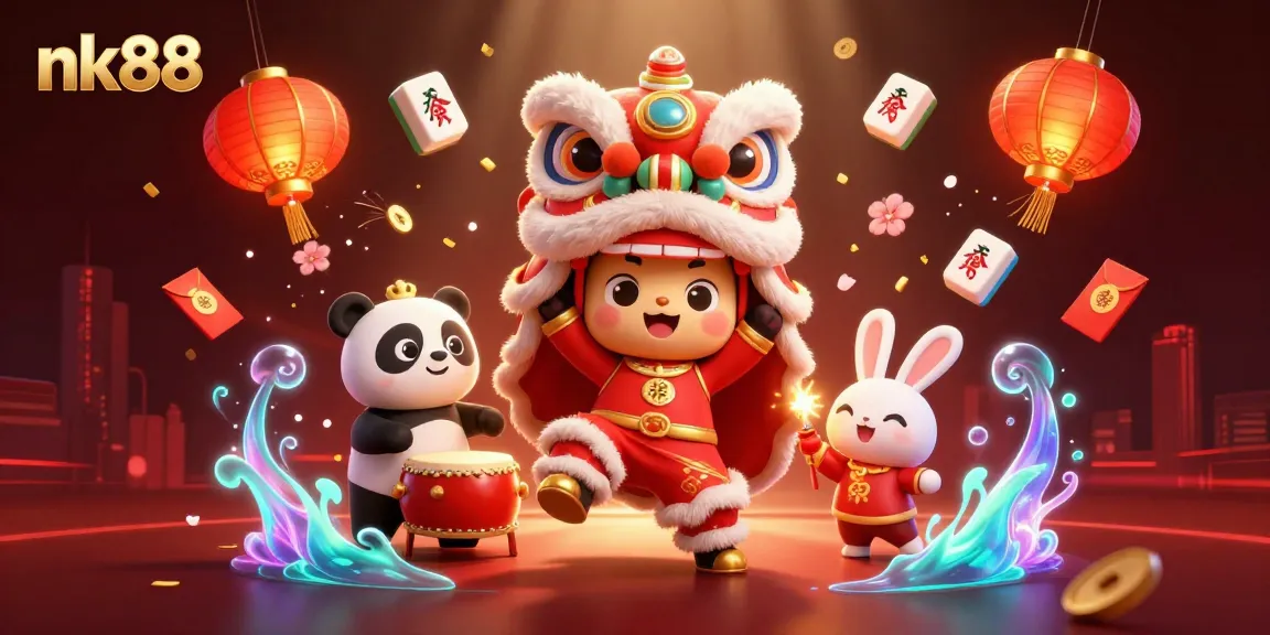 Engage in thrilling nk88 gaming with a vibrant 3D illustration featuring a lion dance and festive elements.