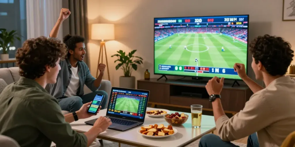 friends enjoying lotus365 sports betting during live matches