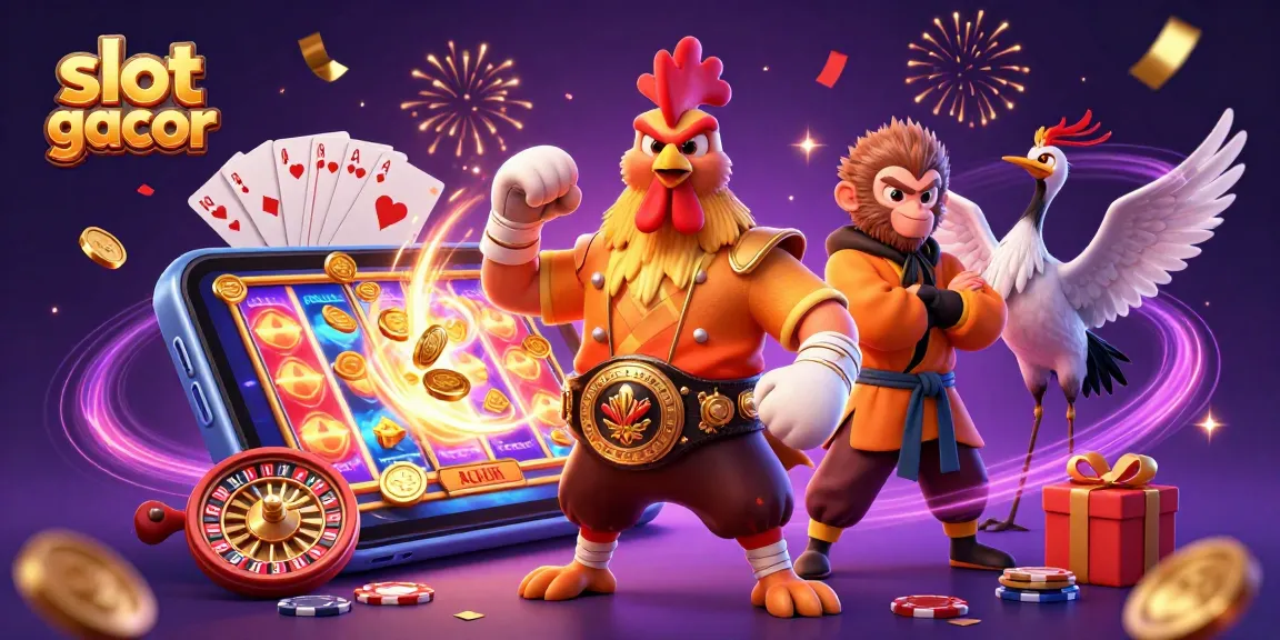 Engage in slot gacor with a vibrant 3D illustration featuring unique gambling characters and exciting game elements.